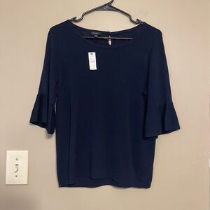 Talbots Womens Navy Blue Cotton Blend Elbow Bell Sleeve Sweater Petite Large NWT